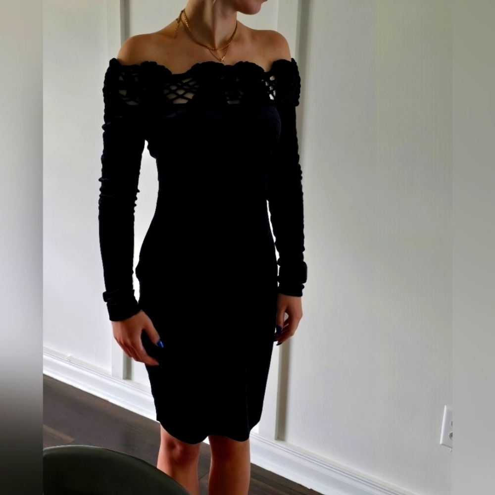 Vintage Italian Designer Black Crushed Velvet Crochet Off Shoulder Dress